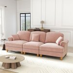 Canap� 3 places vintage ann�es 50 en chenille rose ? accoudoirs arrondis 272x835x93 cm