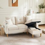 Canap� d?angle 3 places 175�129�90 cm avec rangement 2 coussins et porte - gobelet tissu beige