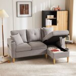 Canap� d?angle 3 places 175�129�90 cm avec rangement 2 coussins et porte - gobelet tissu gris clair