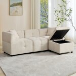 Canap� d?angle 3 places en chenille avec coffre de rangement pouf modulable et 2 coussins ? beige