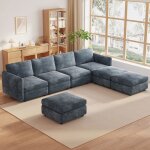 Canap� d?angle 7 places modulable en tissu salon scandinave avec m�ridienne et poufs grand canap� confort ...