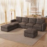 Canap� d?angle 7 places en tissu marron fonc� modulable convertible avec m�ridienne et pouf grand sofa ...