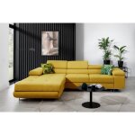 Canap dangle convertible armel en tissu luxe 5 places jaune moutarde avec coffre angle gauche (vu de ...
