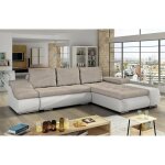Lohan - canap d?angle convertible coffre de rangement en tissu beige et simili blanc - angle droit