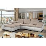 Lohan - canapé d?angle convertible coffre de rangement en tissu beige et simili blanc ? angle gauche Lohan - canapé d?angle convertible coffre de rangement en tissu beige et simili blanc ? angle gauche
