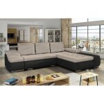 Lohan - canap d?angle convertible coffre de rangement en tissu beige et simili noir ? angle droit