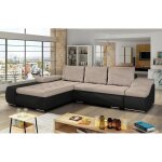 Lohan - canap d?angle convertible coffre de rangement en tissu beige et simili noir ? angle gauche