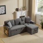 Canap� d angle convertible en l lit gigogne coffre de rangement �tag�re int�gr�e usb 3 coussins gris ...