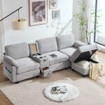 Canap� d?angle en velours c�tel� canap� droit avec repose - pieds 2 porte - gobelets et usb - c salon ...