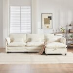 Canap� 3 places - langtu - design 279 cm - chenille beige - mousse m�moire - port usb & pouf coffre