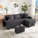 Canap� convertible 3 places en velours c�tel� - canap� d?angle avec coffre et 2 poufs - m�tal et bois ...
