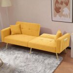 Canap� convertible angle r�glable fonction lit pieds dor�s avec coussins et rangements lat�raux jaune ...