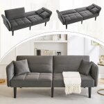 Canap� convertible deux places - tissu velours - avec coussins - angle r�glable - gris - pieds en bois ...