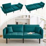 Canap� convertible deux places - tissu velours - avec coussins - angle r�glable - vert - pieds en bois ...