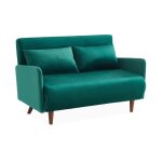 Canap� convertible en velours - panam - 2 places scandinave. pieds bois fonc�. vert. banquette. dossier ...