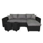 Canap dangle convertible mady avec coffre tagre et poufs en simili et microfibre - gris / noir