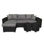 Canap dangle convertible mady avec coffre et poufs en simili et microfibre - gris / noir