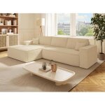 Canap� dangle gauche convertible express en velours c�tel� beige - couchage 140 cm - matelas 13 cm avec ...