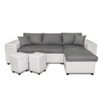 Canapé dangle mady convertible avec coffre accoudoir étagère et poufs en simili et microfibre - blanc ... Canapé dangle mady convertible avec coffre accoudoir étagère et poufs en simili et microfibre - blanc ...