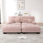 Canap� dangle modulable cloud 2 places en chenille rose 220x145x81 cm avec 2 poufs et coussins