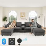 Canap� dangle modulable en velours c�tel� gris avec enceinte bluetooth et console canap� 6 places avec ...