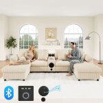 Canap� dangle modulable en velours c�tel� gris avec enceinte bluetooth et console canap� 6 places avec ...