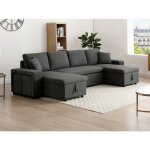 Canap� dangle panoramique convertible avec rangements et poufs en tissu gris anthracite selim