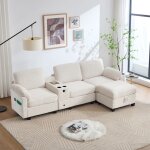 Canap� fixe 3 places beige ? velours c�tel� avec pouf rangement usb - c et porte - gobelets