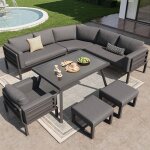 Canap�s jardin demi - lune 8 personnes fer coussins gris table verre 1 fauteuil 2 tabourets r�sistant ...