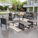 Canap� de jardin demi - lune pour 8 personnes structure fer robuste avec coussins gris inclut table verre ...