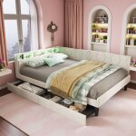 Canap� - lit 140x200 lit double rembourr� avec led et usb lit banquette avec 2 tiroirs rangement cadre ...