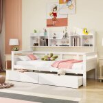 Canap� - lit 90x200 cm blanc en bois massif avec tiroirs et �tag�res sommier � lattes (sans matelas)