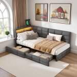 Canap� - lit 90x200 cm lit simple rembourr� avec led et usb lit banquette avec 2 tiroirs de rangement ...