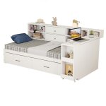 Canap� - lit bois blanc 90x200 avec bureau escamotable rangement tiroirs �tag�res et prise int�gr�e sans ...