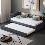 Canap� - lit clic - clac 90x200 cm - d�pli� 180x200 cm - velours gris - structure m�tal & lattes bois ...