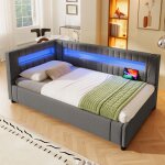 Canap� - lit coffre - merax - 90x200 cm - tissu lin gris - rangement hydraulique - led usb / type - c ...