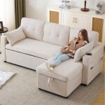 Canap� - lit convertible l 3 places avec rangement ? design r�versible gauche / droite tissu lin - coton ...