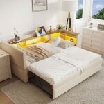 Canap� - lit - 90 / 180 � 190 cm - flanelle beige - �clairage led int�gr� - prise �lectrique & rangements ...