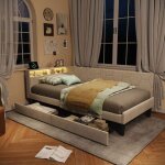 Canap� lit convertible - clic clac - velours beige - rangement 2 tiroirs & niche - led rgb & usb type ...