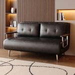 Canap� - lit en cuir noir moderne avec fonction lit matelas pliant et pieds m�tal polyvalent pour salon ...