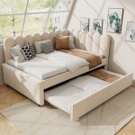 Canap�?lit dangle capitonn� velours beige 140�200 avec lit gigogne ? sommier � lattes sans matelas
