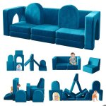 Canap� lit enfant convertible 13 modules futon pliable pour chambre et salle de jeux (bleu)