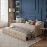 Canap� - lit extensible - 90�נ200�cm - velours beige - couchage double - poches lat�rales - sommier ...