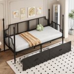 Canap� - lit en fer - 90x200 cm - noir - design vintage - 2 tiroirs de rangement - cadre en m�tal robuste ...