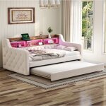 Canap� - lit gain de place (90x190) velours beige rangement led usb - c sommier lattes m�tal / bois chambre ...