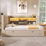 Canap� - lit avec lit gigogne 90 / 180 x 190 cm - �clairage led t�te de lit et espace de rangement - ...