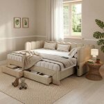 Canap� - lit gigogne 90 / 180 x 200 cm - avec tiroirs de rangement et ports de recharge usb - beige - ...