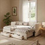 Canap� - lit gigogne 90 / 180 x 200 cm - avec tiroirs de rangement et ports de recharge usb - beige - ...