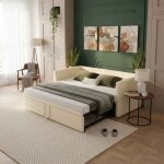 Canap� lit gigogne 90 / 180x200cm - banquette lit en velours beige - lit dappoint extensible avec sommier ...