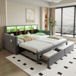 Canap� lit gigogne 90 x 190 cm avec led lit rembourr� 2 personnes avec prise 2 tiroirs t�te de lit rangement ...